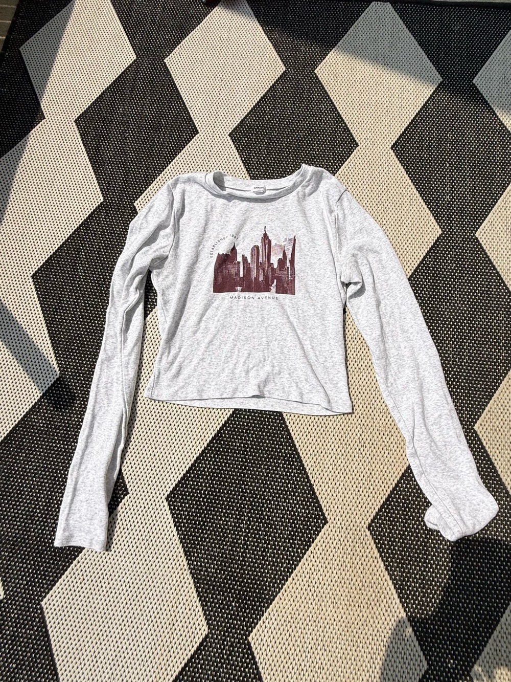 Garage Light Gray Long-Sleeve Tee with Maroon Skyline Graphic